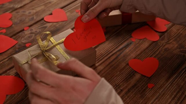 Close up of wooden table with red paper hearts scattered on the surface, woman placing heart shaped card with text I love you on the gift box.