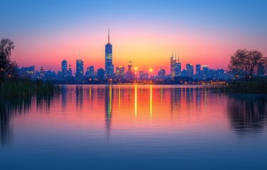 Fototapeta premium A broad view showcasing the heart of Warsaw city alongside the Vistula River, Poland