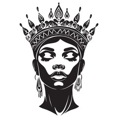 Stylized black and white illustration of a regal Black woman wearing a crown.