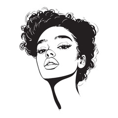 Stylish young woman with curly hair showcasing bold makeup and confident expression.