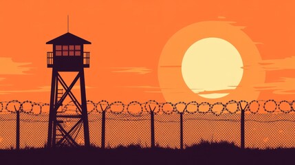 Silhouette of a prison watchtower at sunset.