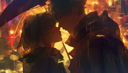 Fototapeta premium Romantic Couple Underneath A Rainy Night Umbrella