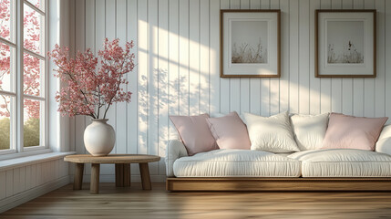 Serene Living Room with Cherry Blossom: A cozy and minimalist living room bathed in warm, natural light, features a soft white sofa with plush pink cushions, a wooden coffee table.