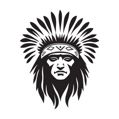 Stylized black and white illustration of a Native American chief with feathers.