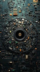 A detailed circular circuit board with intricate glowing patterns, symbolizing connectivity, innovation, and technology. Perfect for electronics, tech branding, and futuristic designs.