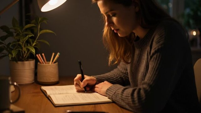 Young woman writing in her notebook under lamp light at her desk in the evening