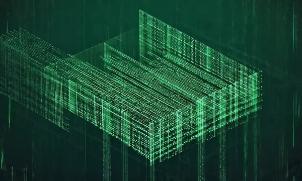 A perspective-based 3D digital grid that bends and collapses as pixel glitches spread, creating an infinite recursion effect, Glitch effect