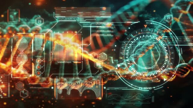 DNA strand rotating with futuristic HUD showing medical research data analysis