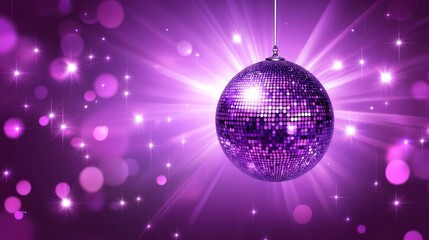 Purple disco ball hanging with bokeh lights.
