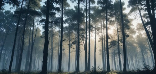 Dense forest with tall trees in blue silhouette against a warm sunlit background,  trees,  greenery