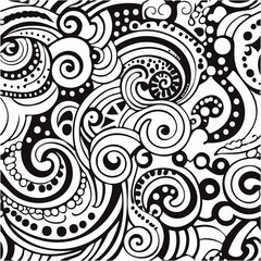 Illustration Dessin Abstrait Lignes, Gribouillis, Pop Design, Couleurs Noir et Blanc, Entrelacs, Courbes, Vagues, Nature