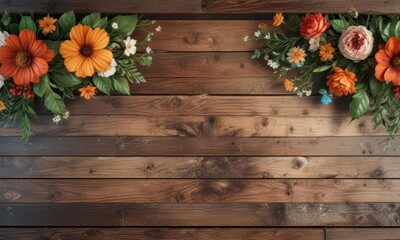 Fototapeta premium Distressed wood grunge banner with floral patterns and earthy tones, grunge decor, outdoor decor