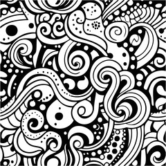 Obraz premium Illustration Dessin Abstrait Lignes, Gribouillis, Pop Design, Couleurs Noir et Blanc, Entrelacs, Courbes, Vagues, Nature