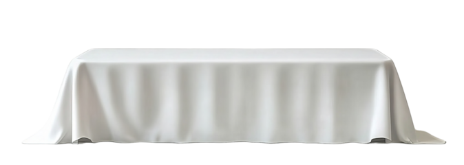 White tablecloth draped over a dining table on transparent background.