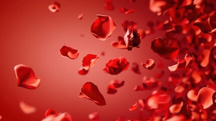 Love in Bloom: A Stunning Display of Passionate Red Roses and Delicate Petals, Adorning a Rich Crimson Canvas, Symbolizing the Beauty and Joy of Love.