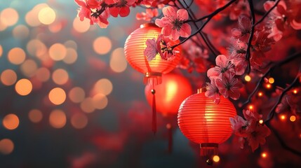 Vibrant red lanterns glowing warmly among delicate cherry blossoms create a festive ambiance against a dreamy bokeh background. Perfect for Chinese New Year decorations, event themes