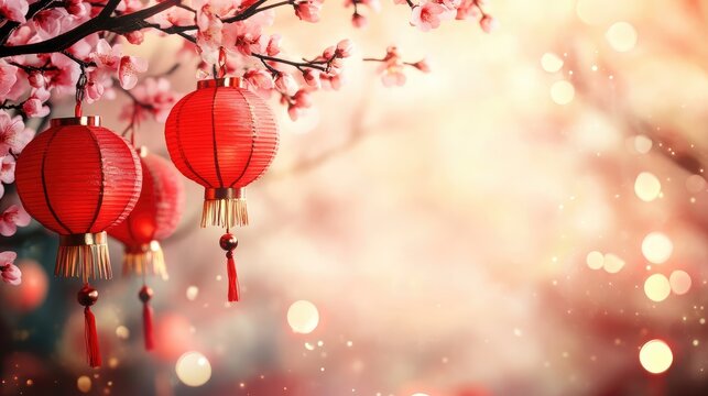 Red Chinese lanterns hang among cherry blossoms, glowing warmly with golden bokeh lights, creating a festive and elegant ambiance. Ideal for Chinese New Year themes and cultural designs