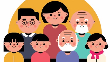 a diverse group of rounded characters with large heads and small bodies, including a man with glasses, a woman with short hair, a child with a bowl cut, an elderly man with a white beard, and a woman 