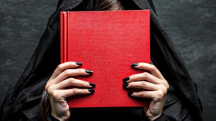 Mysterious figure holding a red book against a dark backdrop during an enigmatic evening