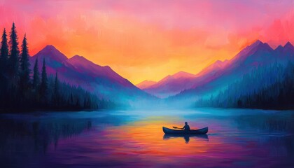 Serene Sunset Canoeing on a Calm Lake Surrounded by Majestic Mountains