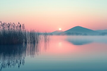 Fototapeta premium A sparse representation of a lake at dawn, softly lit