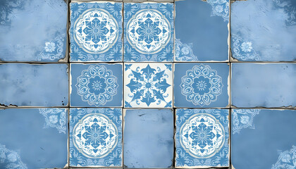 Obraz premium Old blue gray vintage shabby damask patchwork tiles stone concrete cement wall texture background banner, doodle art, with white tones