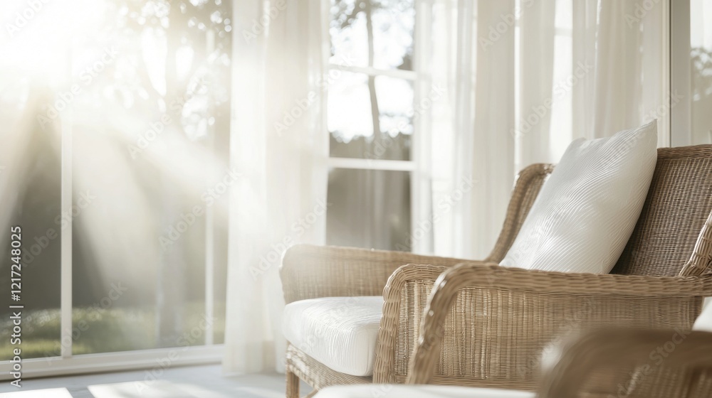 Poster living room with a large window on the right side. the window is covered with white curtains and has
