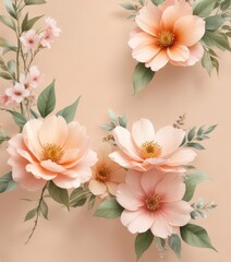 Naklejka premium Delicate watercolor flowers on a soft peach background, floral design, flowers, gentle bloom