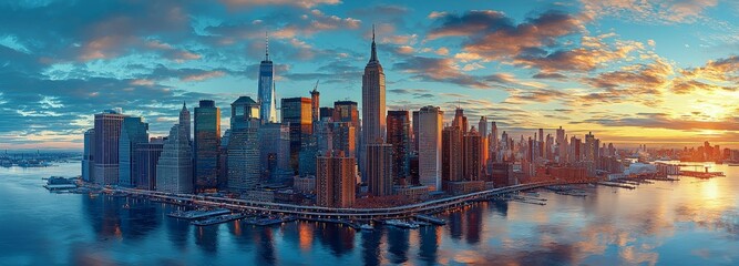 Fototapeta premium Panorama of Downtown New York skyline viewed from a boat floating in the Upper Bay