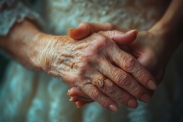 Fototapeta premium Close-up of a mother and daughter providing assistance to an elderly person in a care home, highlighting the theme of mental health and elderly care