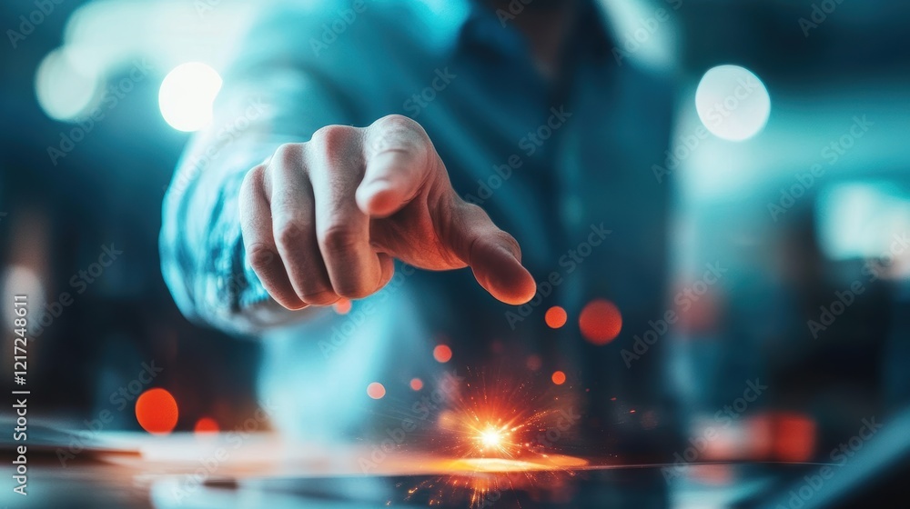 Poster a hand reaches towards a glowing interface, suggesting interaction with technology and innovation in