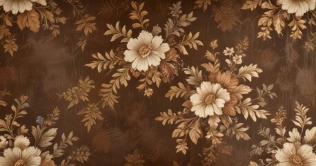 Distressed vintage brown wallpaper with floral patterns and gold accents,  floral,  traditional
