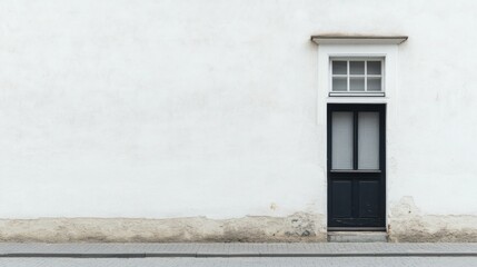 Minimalistic view of a black door on a white wall with a clean sidewalk in a quiet setting
