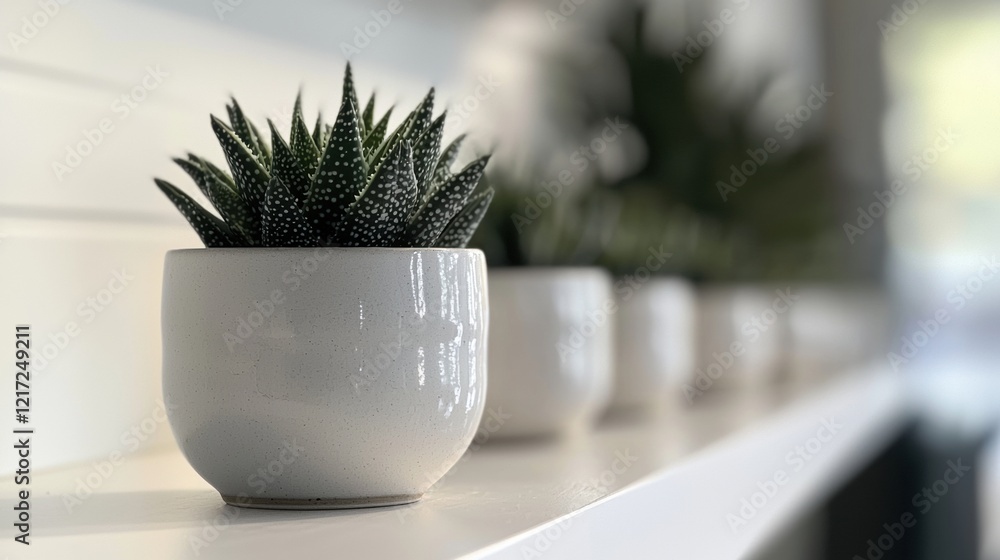 Poster row of white ceramic pots on a white shelf. the pots are arranged in a line and are of different siz