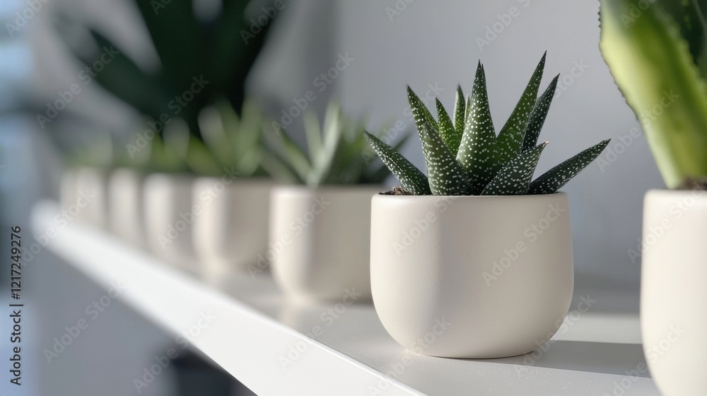 Poster row of white ceramic pots on a white shelf. the pots are arranged in a neat line and are of differen