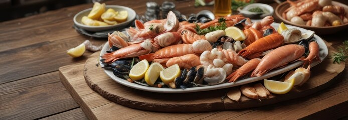 Fresh seafood platter with various fish and shellfish on a wooden table ,  appetizer,  seafood,  table
