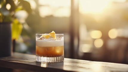 Refreshing cocktail served in a glass with lemon garnish, captured during sunset at a bar