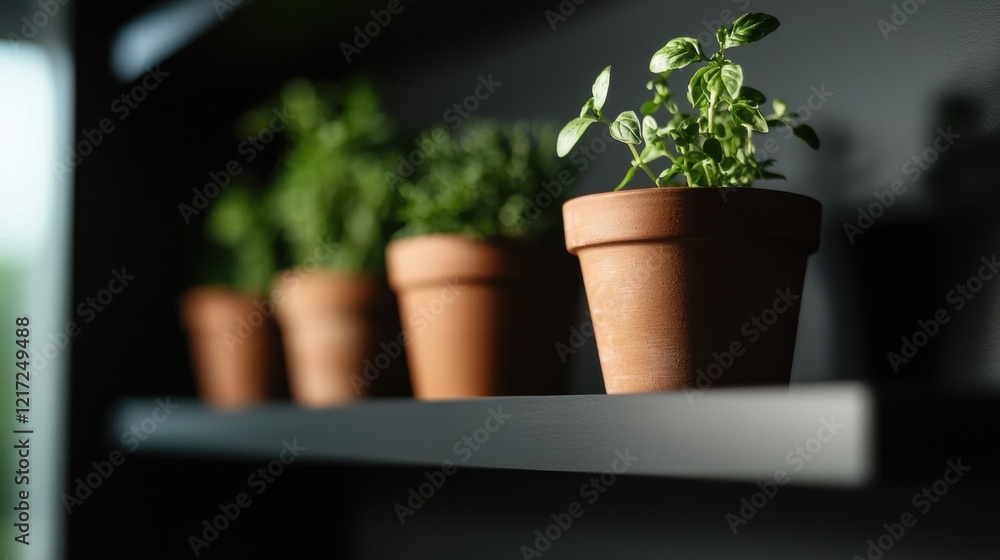 Poster three terracotta pots on a white shelf. the pots are arranged in a row and are of different sizes an