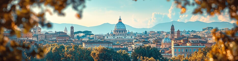 Fototapeta premium Rome's skyline seen from Castel Sant'Angelo, featuring the dome of Saint Agnese Church, the Campidoglio, the Altare della Patria, and the dome of the Pantheon