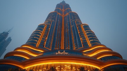 Illuminated Skyscraper at Dusk Showing Architectural Detail