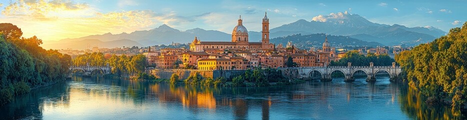 Obraz premium From Castel Sant'Angelo, one can admire the Roman skyline which includes the dome of Saint Agnese Church, the Campidoglio, the Altare della Patria monument, and the Pantheon's dome