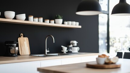 Modern kitchen with black walls and white cabinets. the kitchen has a wooden countertop with a sink and a faucet.