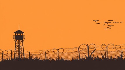 Silhouette of prison tower, barbed wire fence, and birds at sunset.