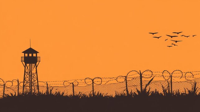 Silhouette of prison tower, barbed wire fence, and birds at sunset.