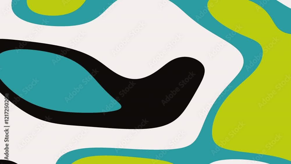 Poster abstract animation with teal, black, white, and lime green stripes smoothly flowing and morphing. dy