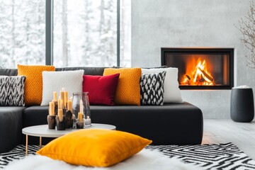 A vibrant 3D-rendered living room scene with a plush rug, a roaring fireplace, and a couch filled with colorful throw pillows, framed by a snowy window