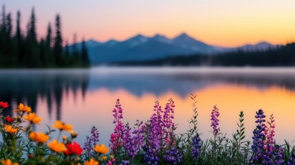 Obraz premium Serene sunset paints the sky vibrant wildflowers bloom beside a tranquil glassy lake