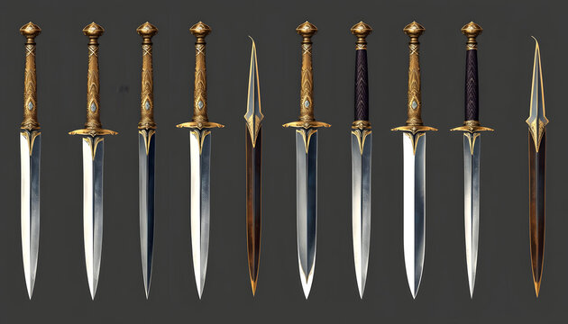 set of vintage daggers, knives, stilettos - fantasy daggers - isolated transparent PNG premium pen tool cutout, vintage, with white tones