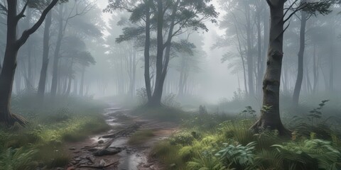 Naklejka premium Gentle watercolor brushstrokes on a misty forest floor, nature, mist, watercolor