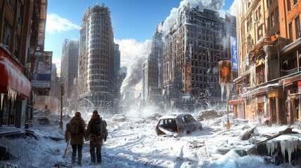 Obraz premium Survivors navigate frozen urban ruins post-apocalyptic cityscape winter environment dystopian viewpoint